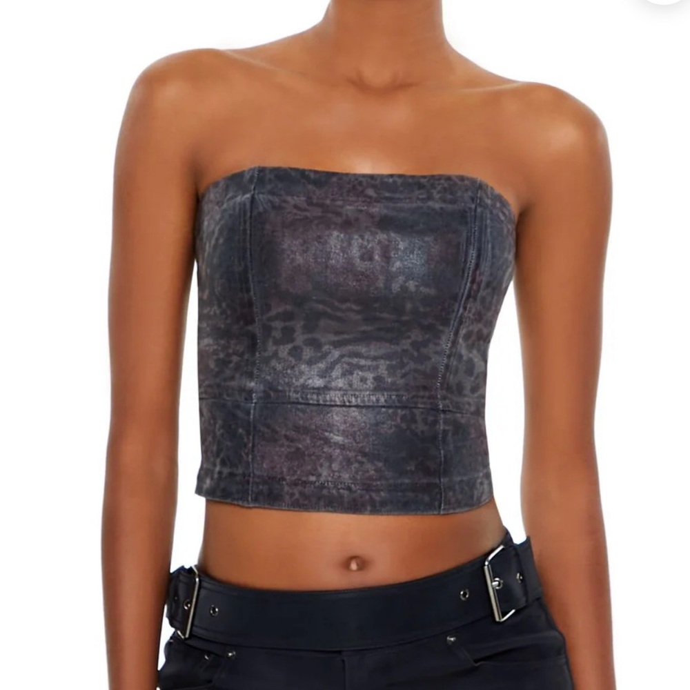 Forever 21 Distressed Denim Leopard Corset Top M Black Cyber Grunge Y2K Goth NWT